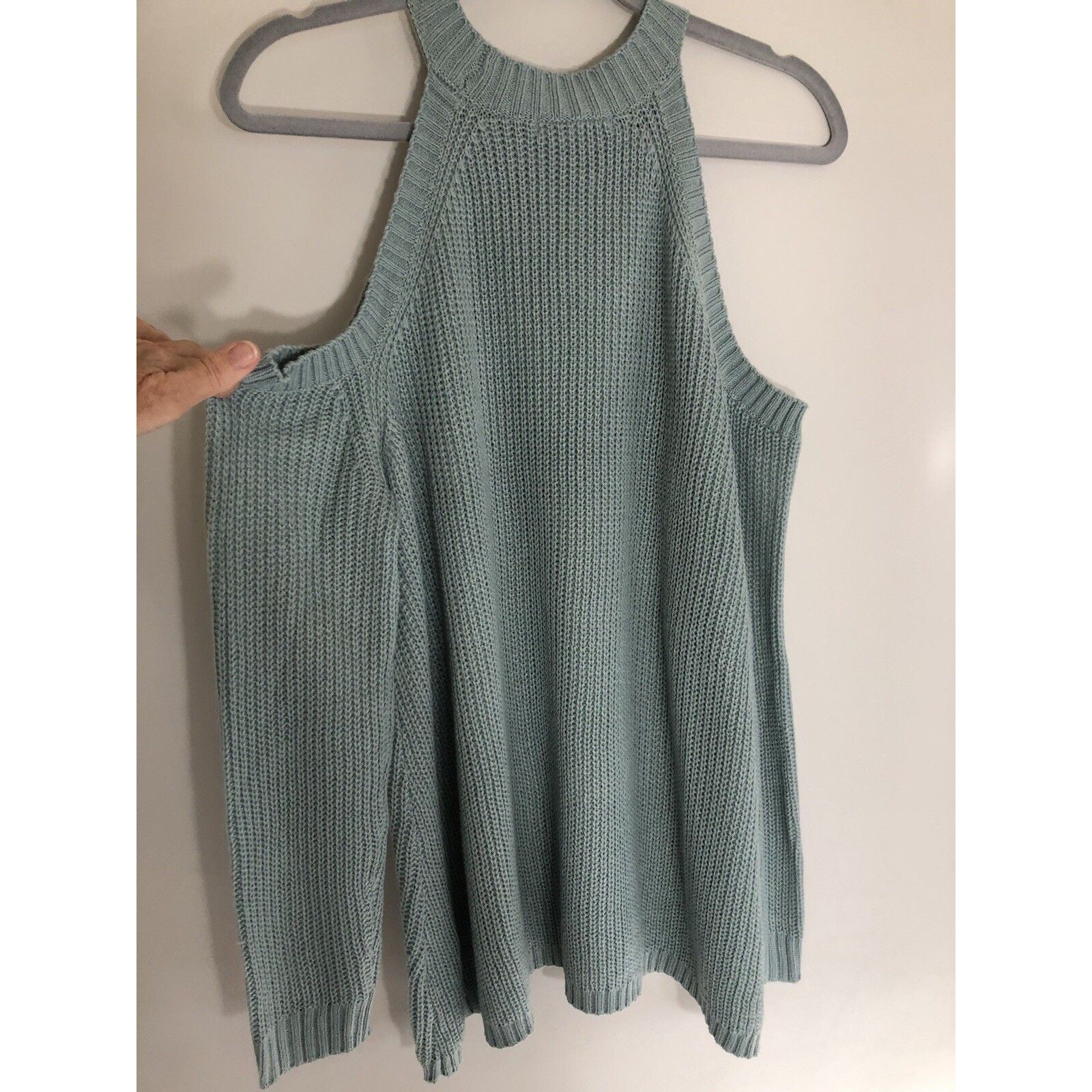 She + Sky Long Sleeve Slate Blue Cold Shoulder Tunic High Neck Sweater Med Euc — image 4 of 6